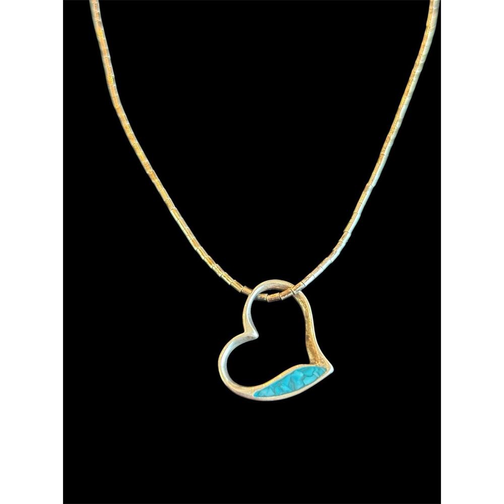 Vtg Sterling Silver Crushed Turquoise Open Heart Pendant 15” Liquid Silver